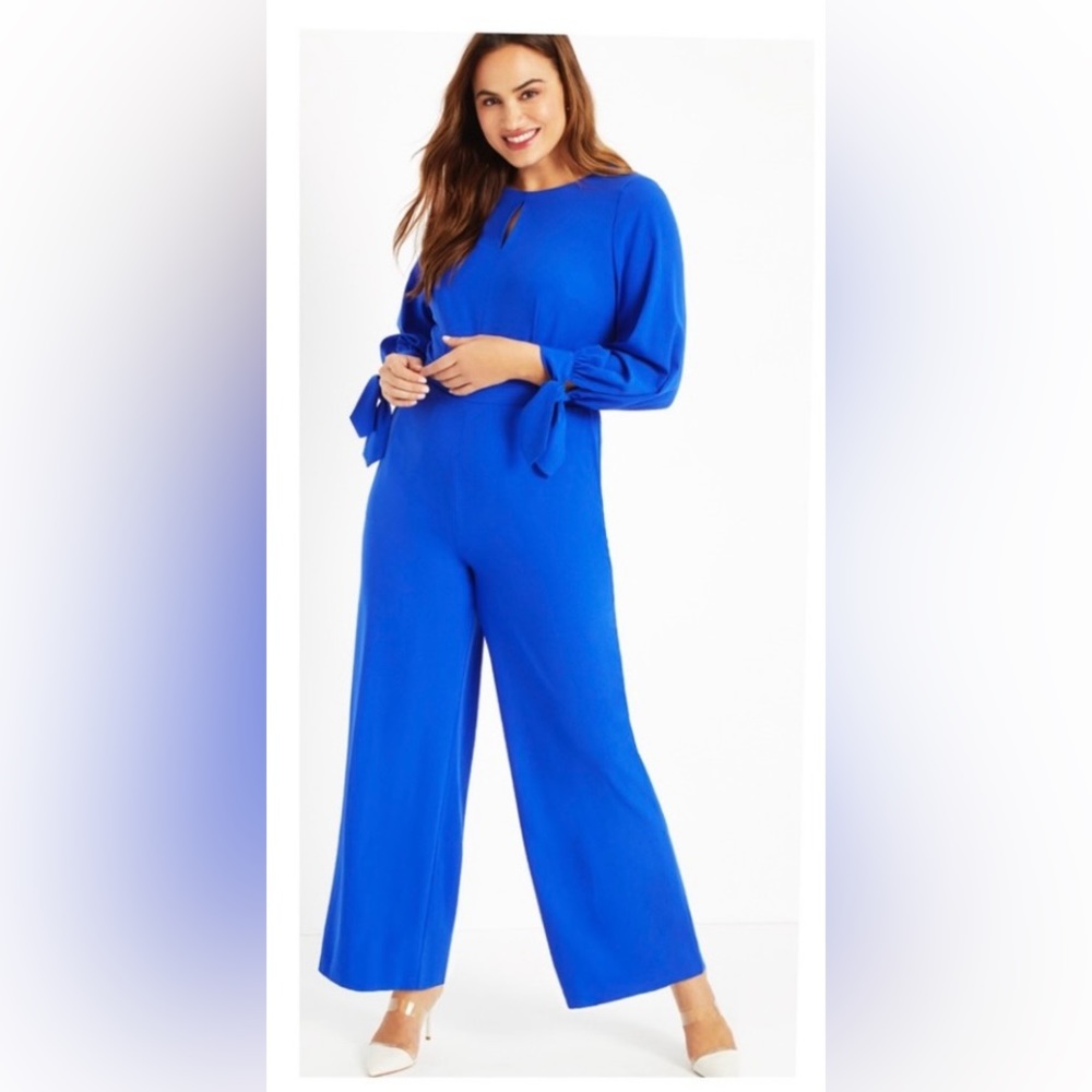 Eloquii Wide Leg Blue Jumpsuit with Tie Sleeves, Size 24